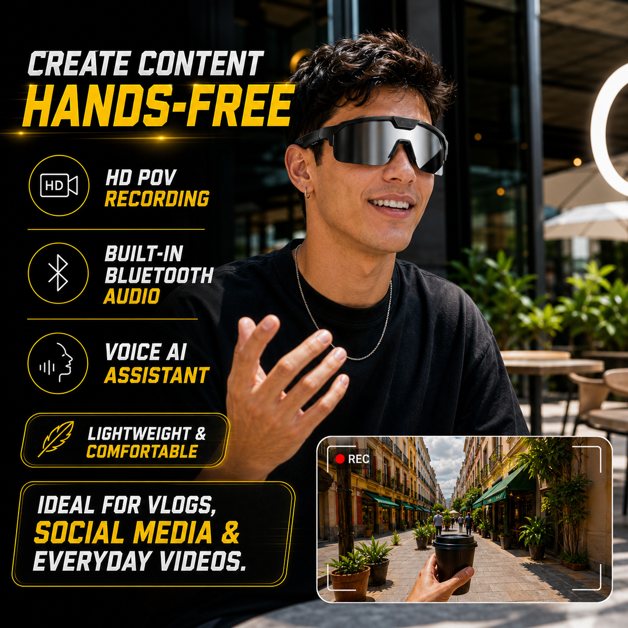 AI Smart Glasses with Camera 4K, Video Recording Glasses with EIS & OIS Stabilization,Polarized Sunglasses,ChatGPT Voice Assistant, 139-Lang Translation,Open Ear Earbuds for Cycling/Skiing/Baseball