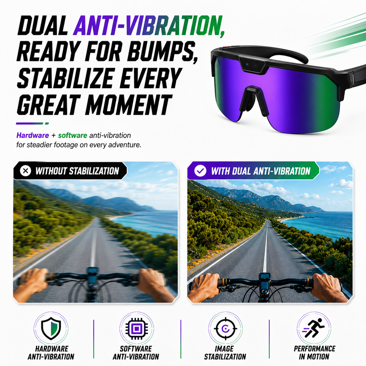 AI Smart Glasses with Camera 4K, Video Recording Glasses with EIS & OIS Stabilization,Polarized Sunglasses,ChatGPT Voice Assistant, 139-Lang Translation,Open Ear Earbuds for Cycling/Skiing/Baseball