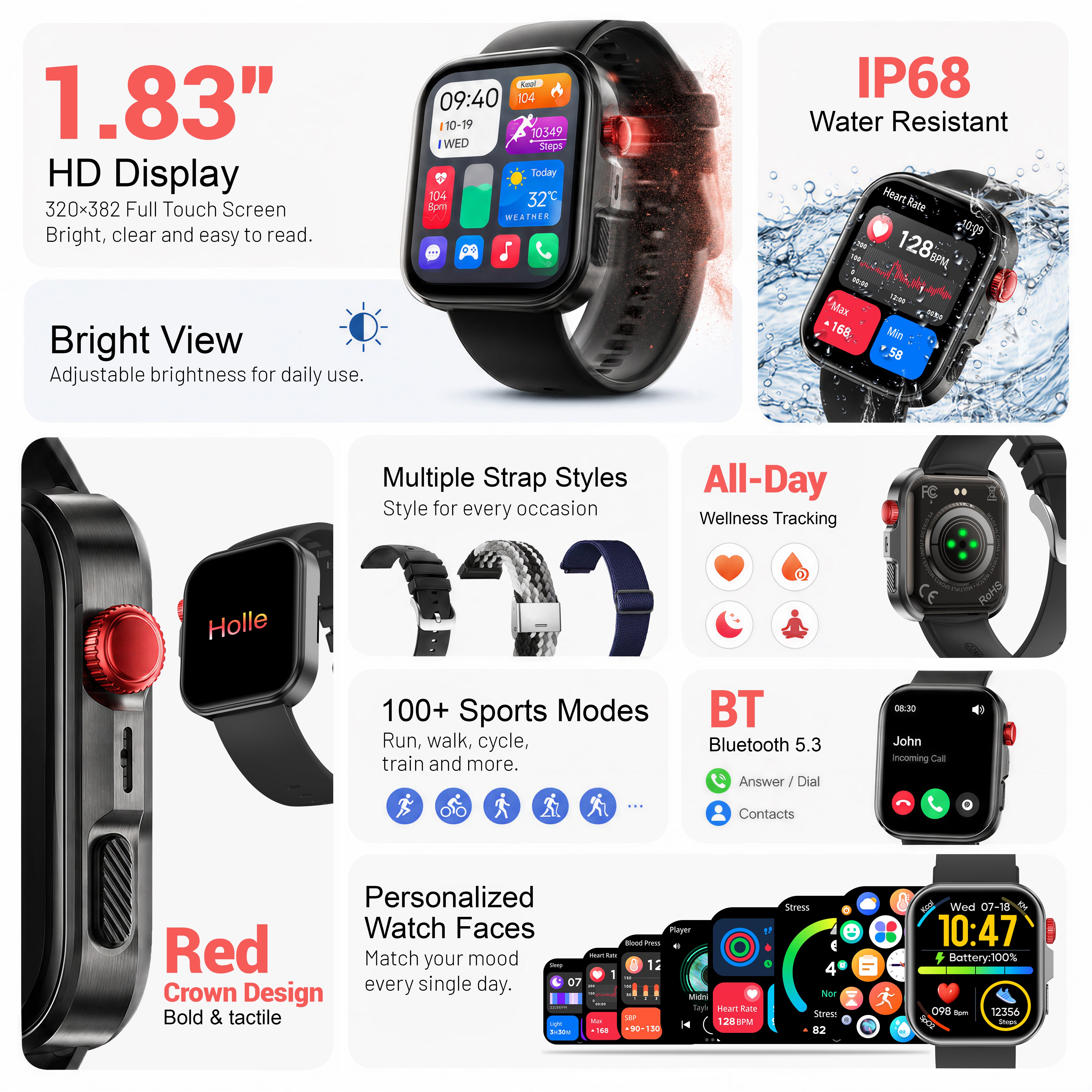 VERVOS LC80 Smart Watch for Men Women, 1.83" HD Touch Screen Fitness Tracker with Bluetooth Call, Heart Rate Sleep Blood Oxygen Monitor, 100+ Sport Modes, IP68 Waterproof Watch for Android iOS