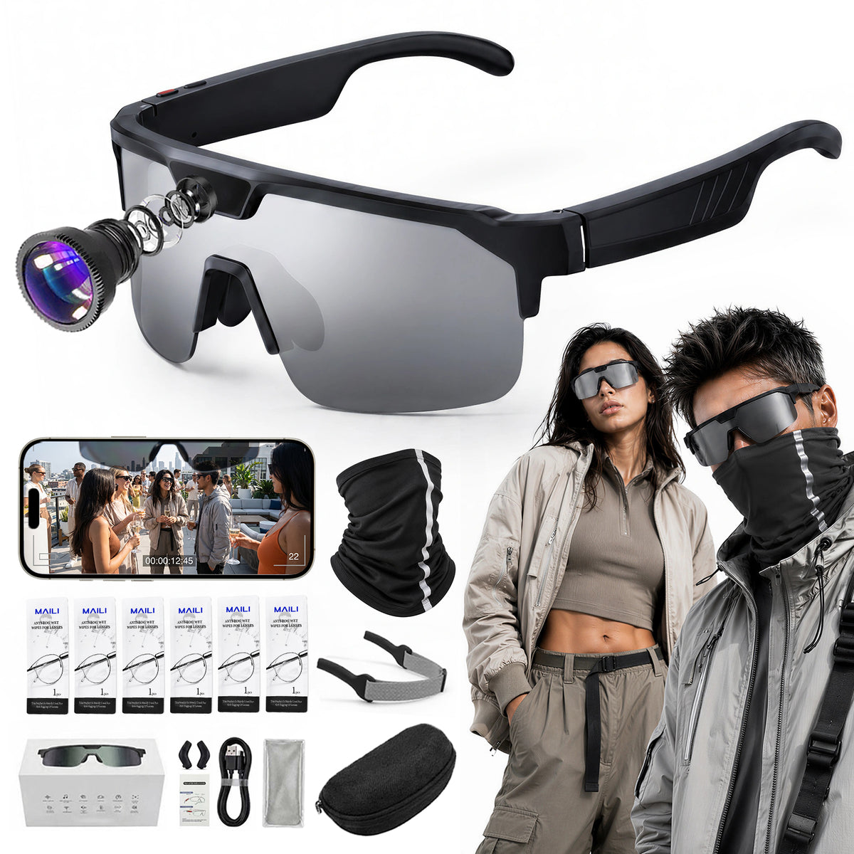 AI Smart Glasses with Camera 4K, Video Recording Glasses with EIS & OIS Stabilization,Polarized Sunglasses,ChatGPT Voice Assistant, 139-Lang Translation,Open Ear Earbuds for Cycling/Skiing/Baseball