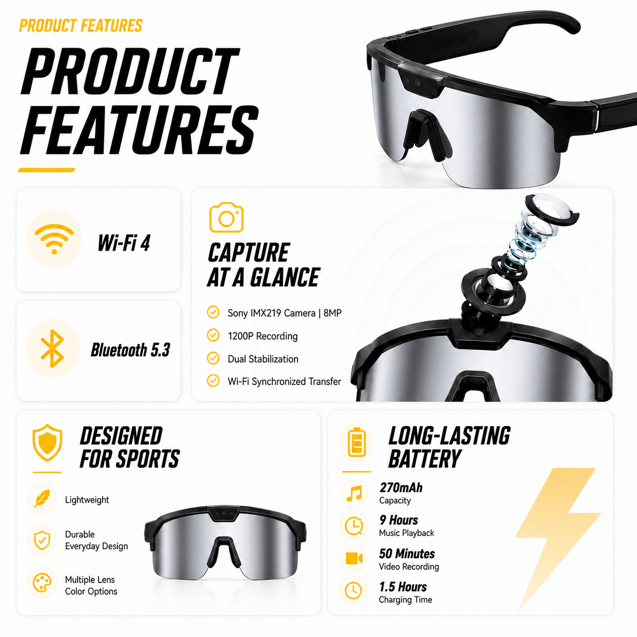AI Smart Glasses with Camera 4K, Video Recording Glasses with EIS & OIS Stabilization,Polarized Sunglasses,ChatGPT Voice Assistant, 139-Lang Translation,Open Ear Earbuds for Cycling/Skiing/Baseball