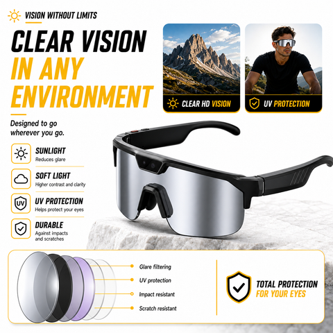 AI Smart Glasses with Camera 4K, Video Recording Glasses with EIS & OIS Stabilization,Polarized Sunglasses,ChatGPT Voice Assistant, 139-Lang Translation,Open Ear Earbuds for Cycling/Skiing/Baseball