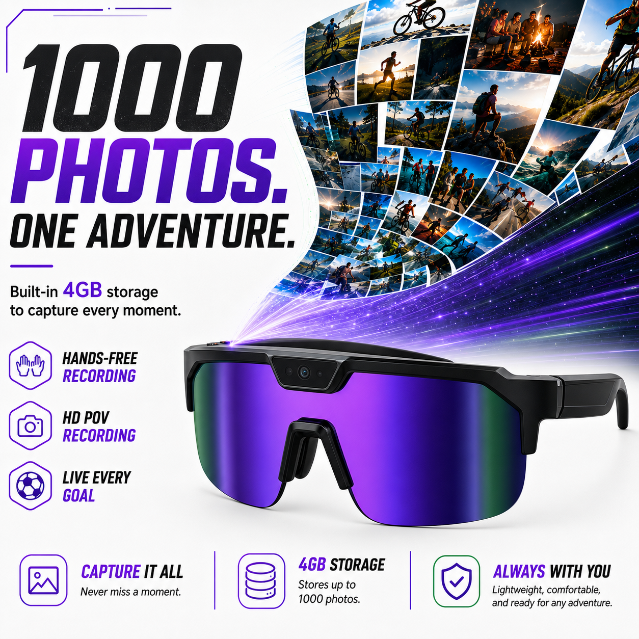AI Smart Glasses with Camera 4K, Video Recording Glasses with EIS & OIS Stabilization,Polarized Sunglasses,ChatGPT Voice Assistant, 139-Lang Translation,Open Ear Earbuds for Cycling/Skiing/Baseball