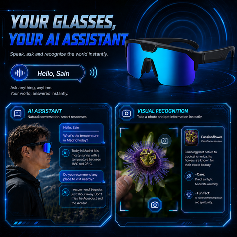 AI Smart Glasses with 30MP Camera, 4K HD Video Recording and Bluetooth Sport Glasses with ChatGPT Voice Real-Time Translation, IP66 UV400 Sunglasses for Baseball, Cycling