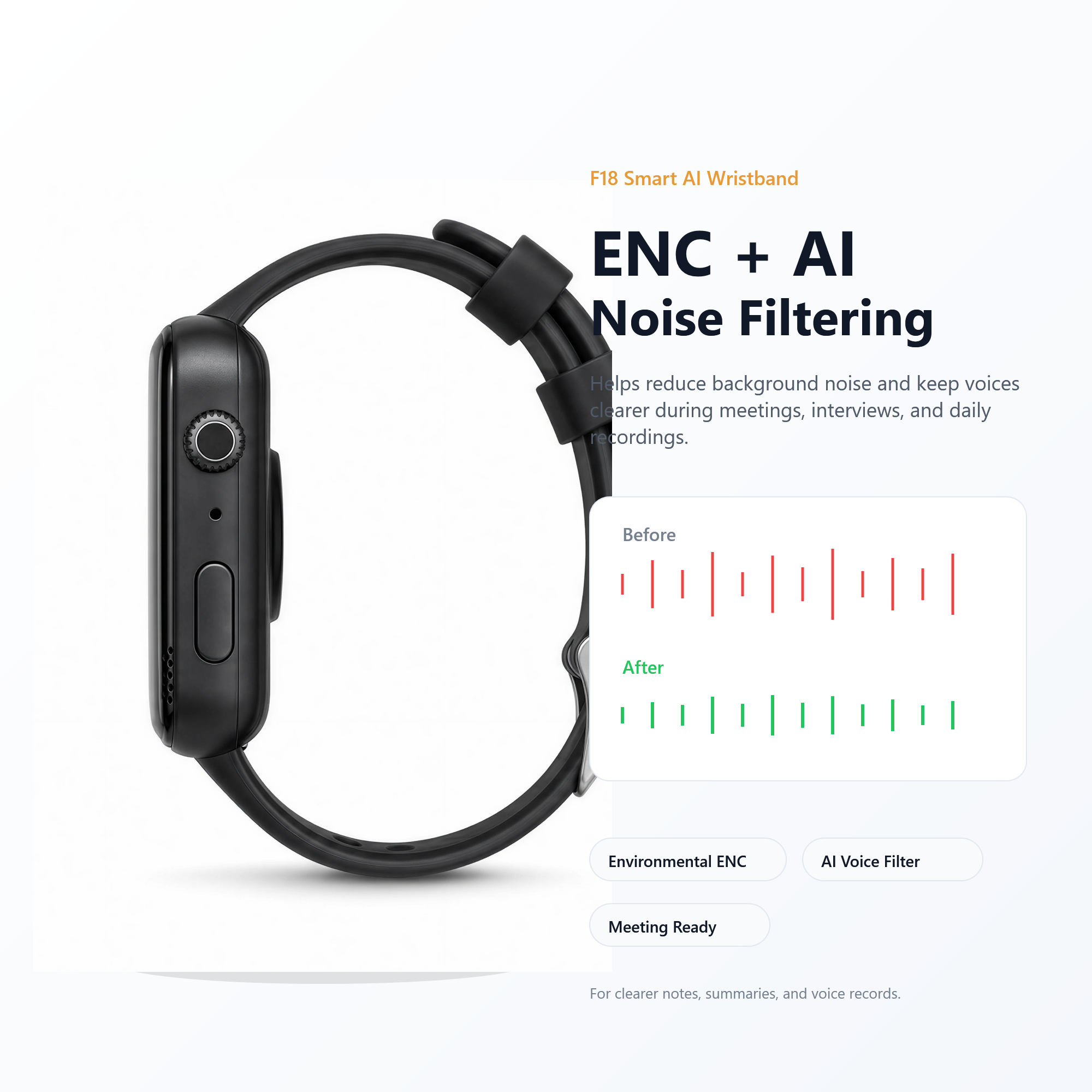 Smart AI Wristband Voice Recorder, No-Screen Bluetooth 5.3 AI Bracelet with ENC Noise Reduction, Meeting Notes, Heart Rate Monitor & Step Tracker