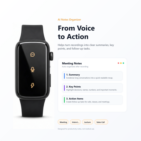 Smart AI Wristband Voice Recorder, No-Screen Bluetooth 5.3 AI Bracelet with ENC Noise Reduction, Meeting Notes, Heart Rate Monitor & Step Tracker