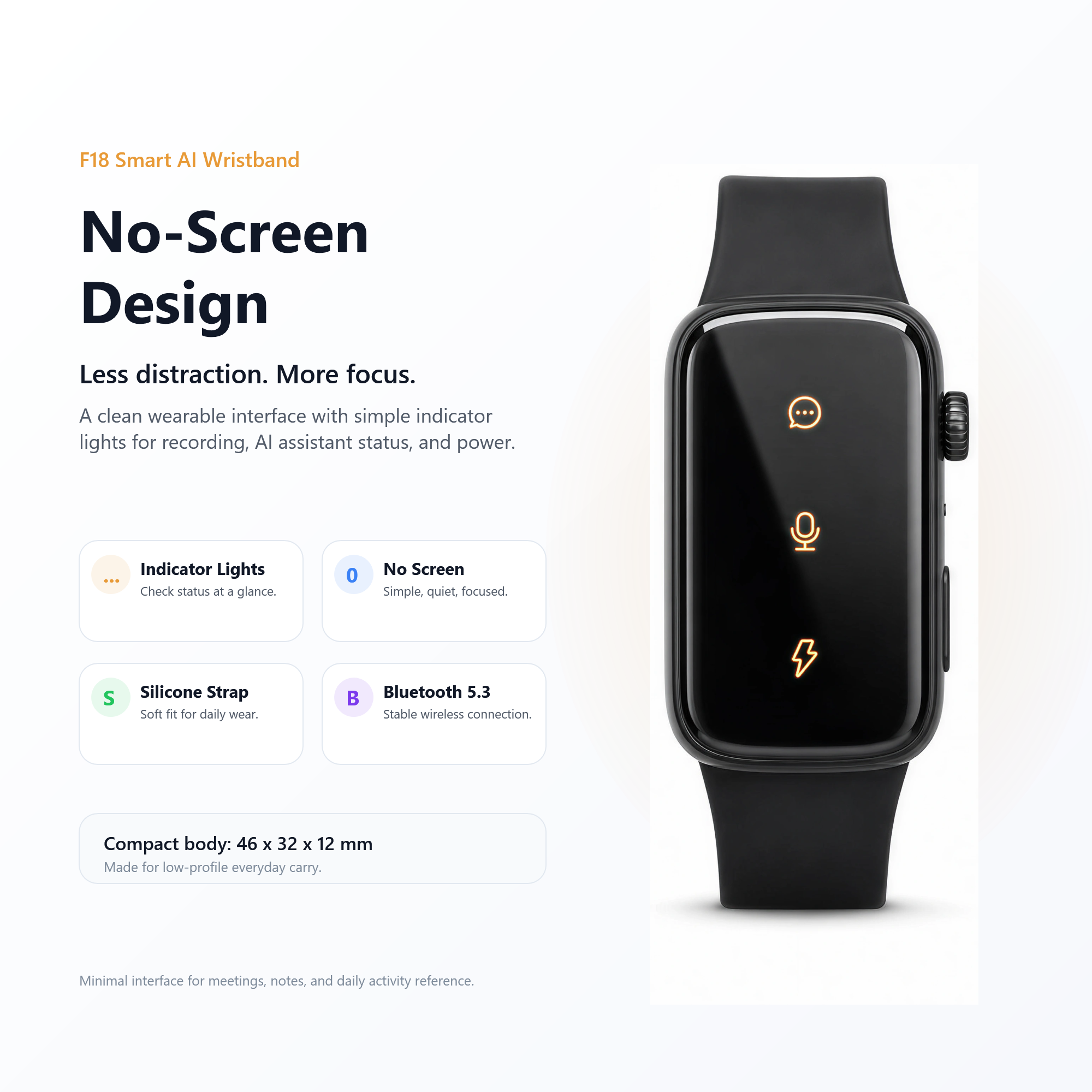Smart AI Wristband Voice Recorder, No-Screen Bluetooth 5.3 AI Bracelet with ENC Noise Reduction, Meeting Notes, Heart Rate Monitor & Step Tracker